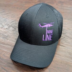 Nine Line Black Trucker Hat with Purple Helicopter Logo
